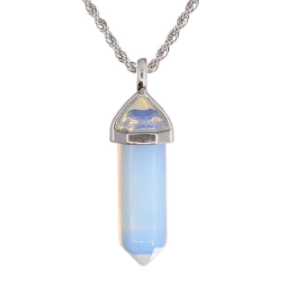 Justinstones Synthetic Opalite Moonstone Glass Hexagonal Pointed Reiki Chakra Pendant Necklace 20" High-grade Iron Gift Box