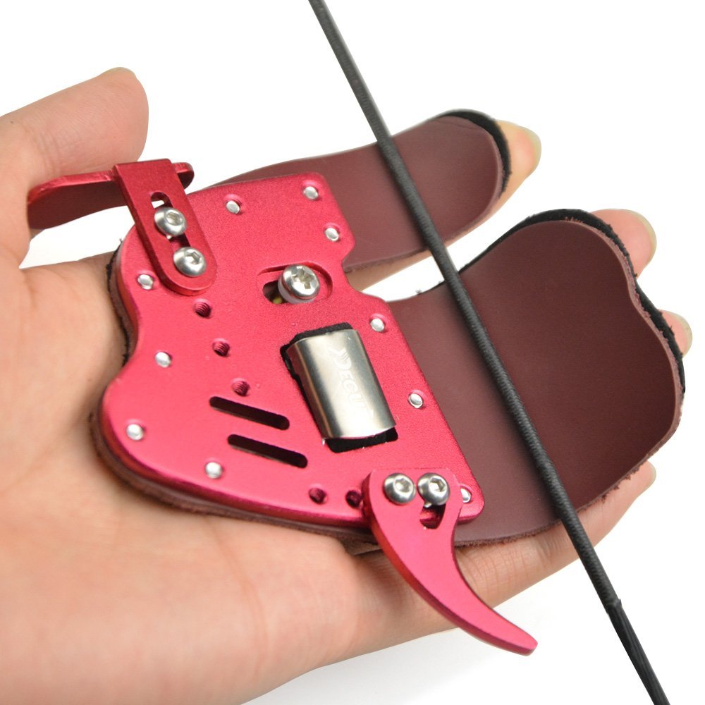 Archery Aluminum Finger Tab Archery Shooting Finger Guard Protection for Left and Right Hand (Red, Right Hand)