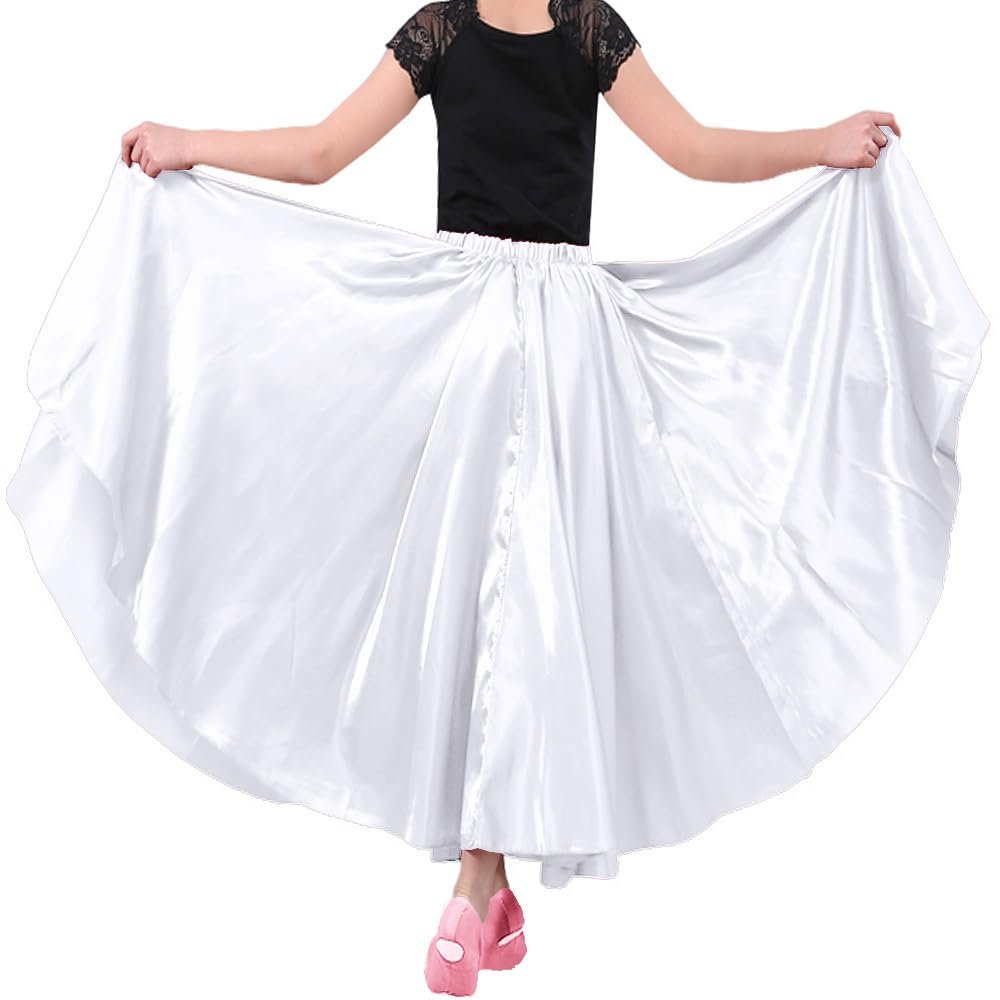 Backgarden 26" White Girls Stretched Shiny Satin Flowy Long Dance Skirt Dancewear