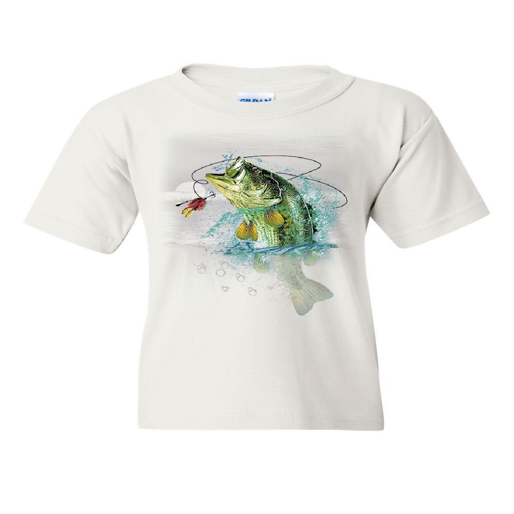 Bass Fishing Youth T-Shirt Fisherman Camping Hobby Angler Lake River Kids Tee White X-Large