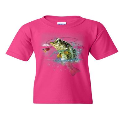 Bass Fishing Youth T-Shirt Fisherman Camping Hobby Angler Lake River Kids Tee Hot Pink X-Large