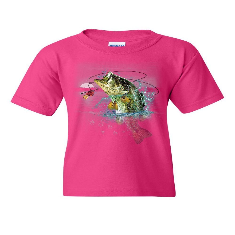 Bass Fishing Youth T-Shirt Fisherman Camping Hobby Angler Lake River Kids Tee Hot Pink X-Large