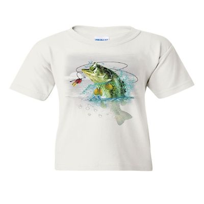 Bass Fishing Youth T-Shirt Fisherman Camping Hobby Angler Lake River Kids Tee White Small