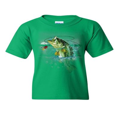 Bass Fishing Youth T-Shirt Fisherman Camping Hobby Angler Lake River Kids Tee Green X-Large