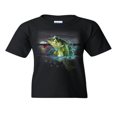 Bass Fishing Youth T-Shirt Fisherman Camping Hobby Angler Lake River Kids Tee Black Small
