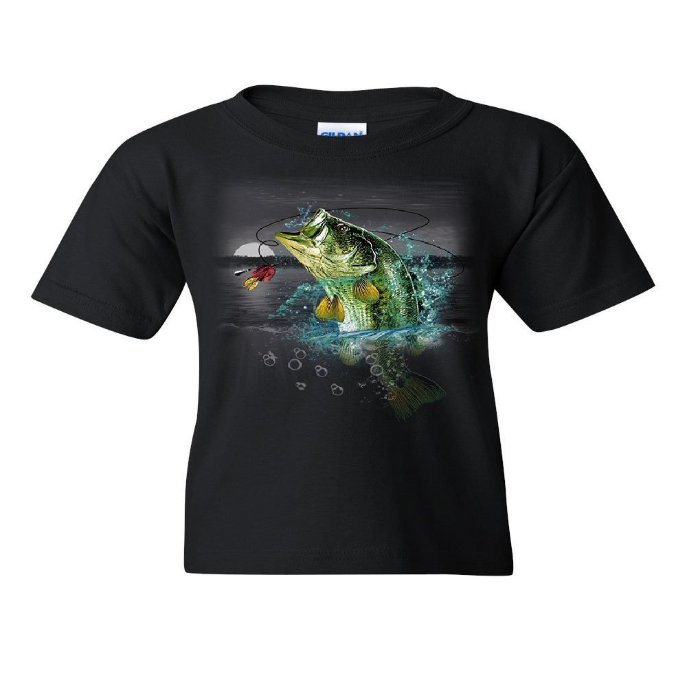 Bass Fishing Youth T-Shirt Fisherman Camping Hobby Angler Lake River Kids Tee Black Small