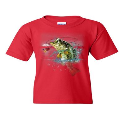 Bass Fishing Youth T-Shirt Fisherman Camping Hobby Angler Lake River Kids Tee Red Large
