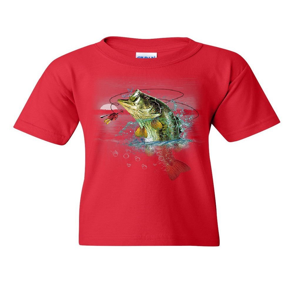 Bass Fishing Youth T-Shirt Fisherman Camping Hobby Angler Lake River Kids Tee Red Large