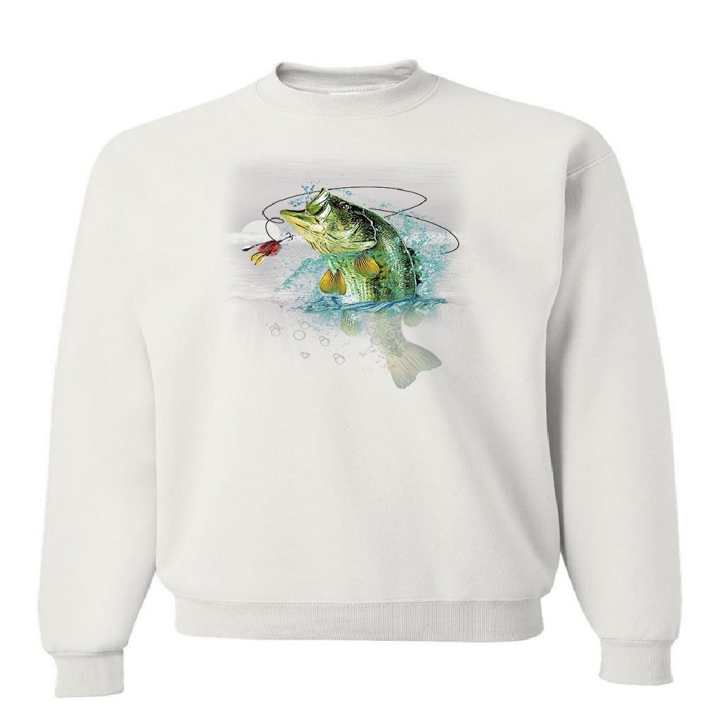 Tee Hunt Bass Fishing Sweatshirt Fisherman Camping Hobby Angler Lake River Sweater White Small