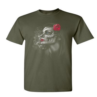 Day of The Dead Girl T-Shirt Skull Face Dia de Los Muertos Roses Mens Tee Shirt Military Green XX-Large