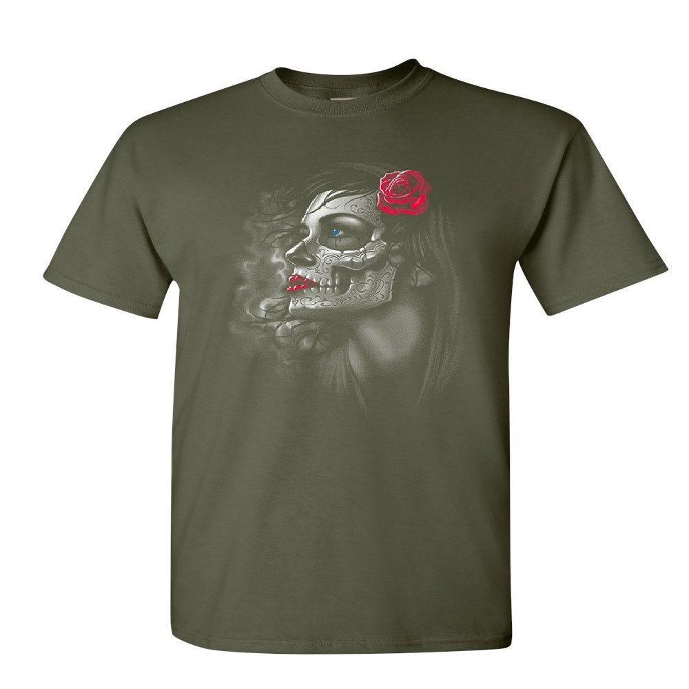 Day of The Dead Girl T-Shirt Skull Face Dia de Los Muertos Roses Mens Tee Shirt Military Green XX-Large