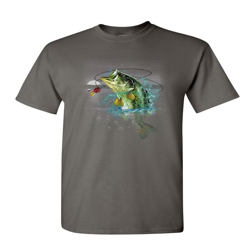 Bass Fishing T-Shirt Fisherman Camping Hobby Angler Lake River Mens Tee Shirt Charcoal X-Large