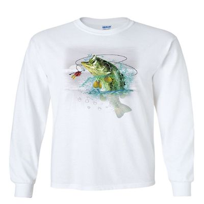 Bass Fishing Long Sleeve T-Shirt Fisherman Camping Hobby Angler Lake River Tee White Small
