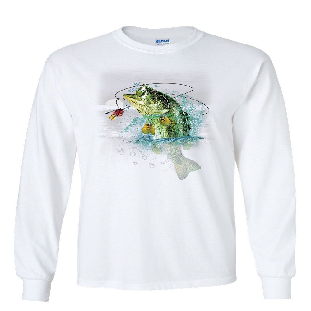 Bass Fishing Long Sleeve T-Shirt Fisherman Camping Hobby Angler Lake River Tee White Small