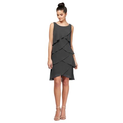 S.L. Fashions Women's Sleeveless Chiffon Tiered Cocktail Dress, Wedding Guest, Party Gown (Petite and Regular Sizes), Steel, 12P