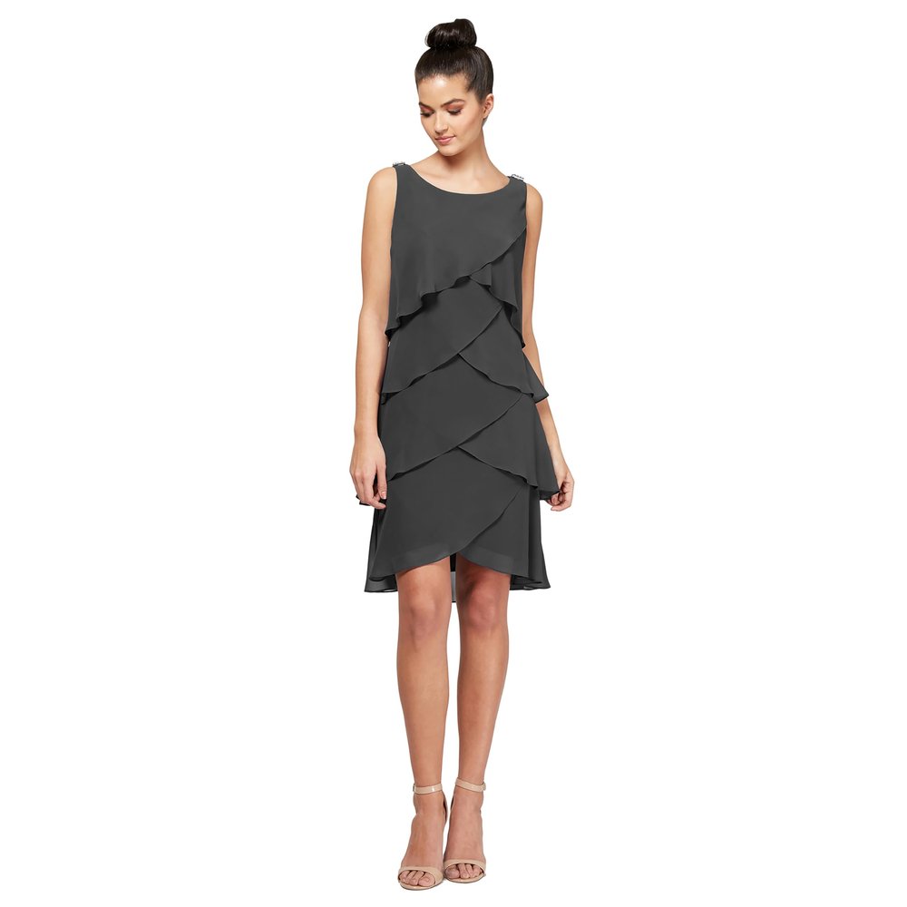 S.L. Fashions Women's Sleeveless Chiffon Tiered Cocktail Dress, Wedding Guest, Party Gown (Petite and Regular Sizes), Steel, 12P