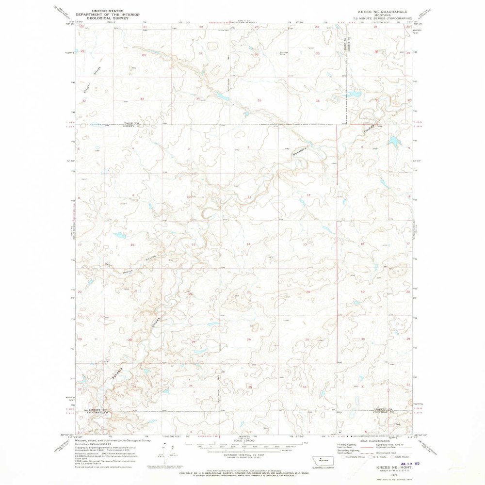 YellowMaps Knees NE MT topo map, 1:24000 Scale, 7.5 X 7.5 Minute, Historical, 1970, Updated 1973, 26.9 x 22 in - Tyvek