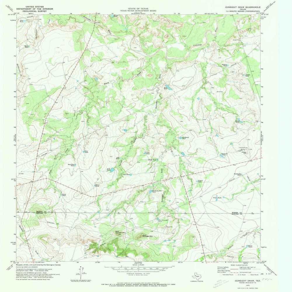 YellowMaps Gunsight Draw TX topo map, 1:24000 Scale, 7.5 X 7.5 Minute, Historical, 1970, Updated 1973, 26.9 x 23.1 in - Tyvek