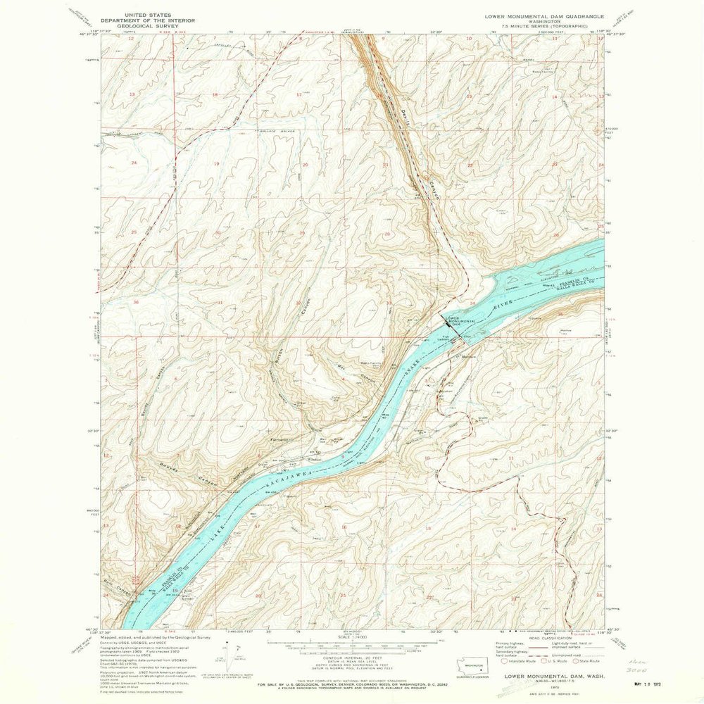 YellowMaps Lower Monumental Dam WA topo map, 1:24000 Scale, 7.5 X 7.5 Minute, Historical, 1970, Updated 1973, 27 x 22 in - Tyvek