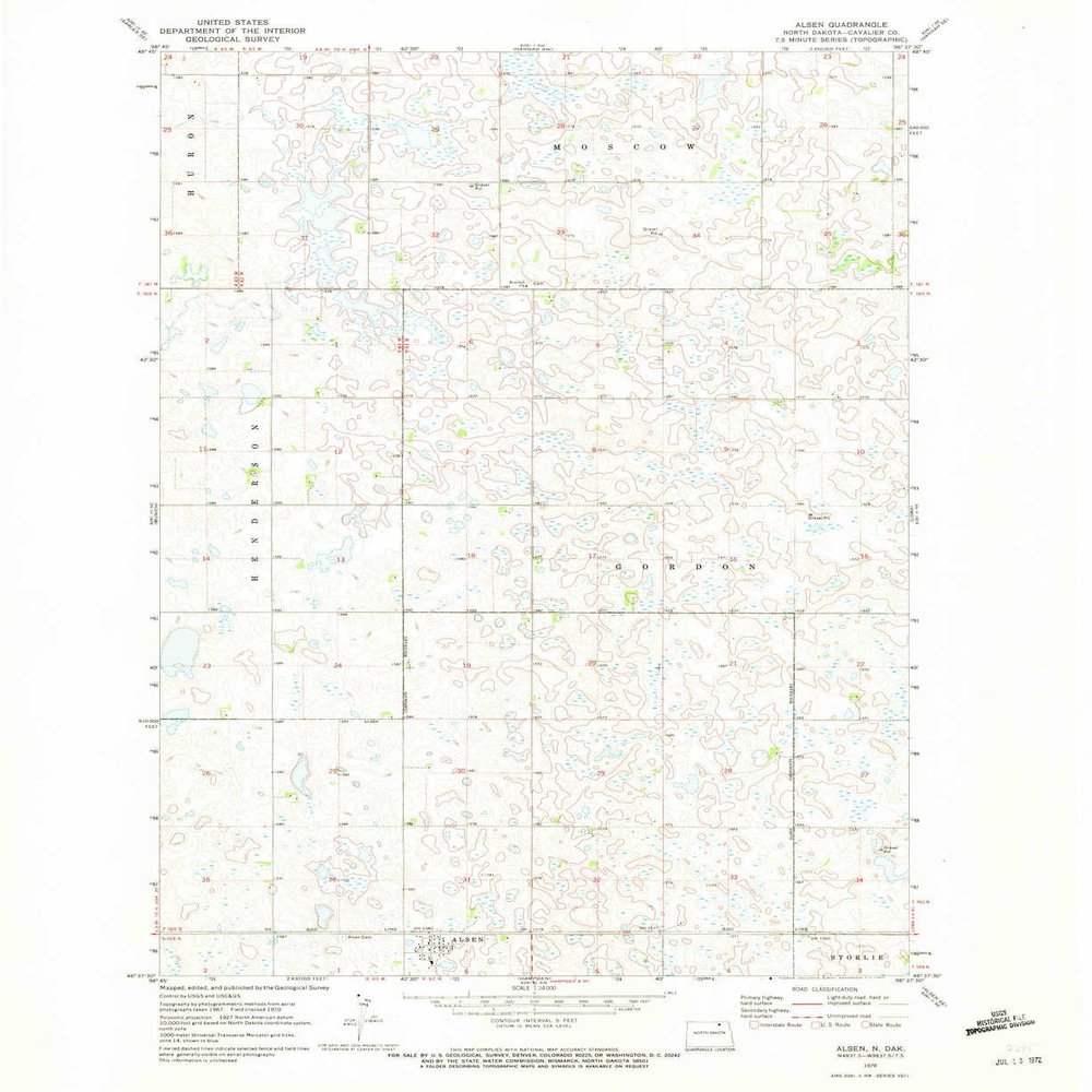 YellowMaps Alsen ND topo map, 1:24000 Scale, 7.5 X 7.5 Minute, Historical, 1970, Updated 1972, 26.9 x 22 in - Tyvek