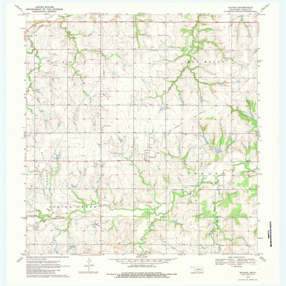 YellowMaps Navina OK topo map, 1:24000 Scale, 7.5 X 7.5 Minute, Historical, 1970, Updated 1983, 27.2 x 22.9 in - Tyvek