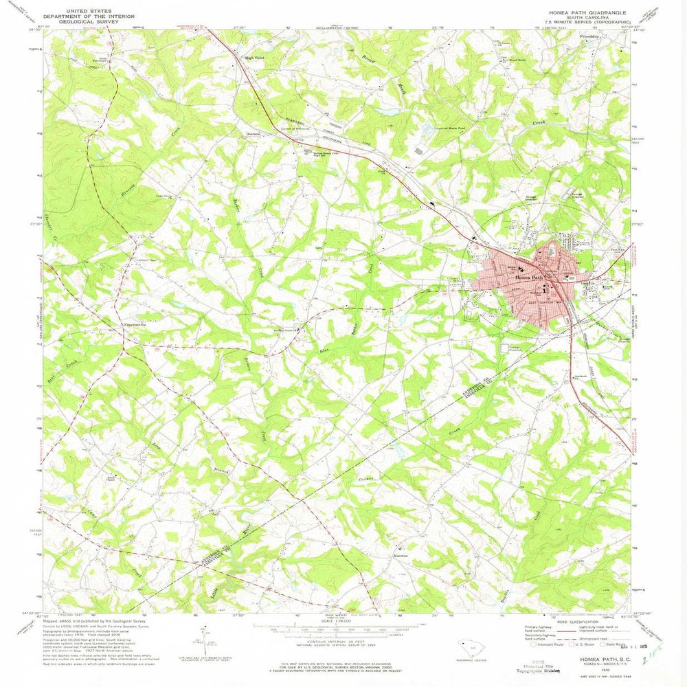 YellowMaps Honea Path SC topo map, 1:24000 Scale, 7.5 X 7.5 Minute, Historical, 1970, Updated 1975, 26.7 x 22 in - Tyvek