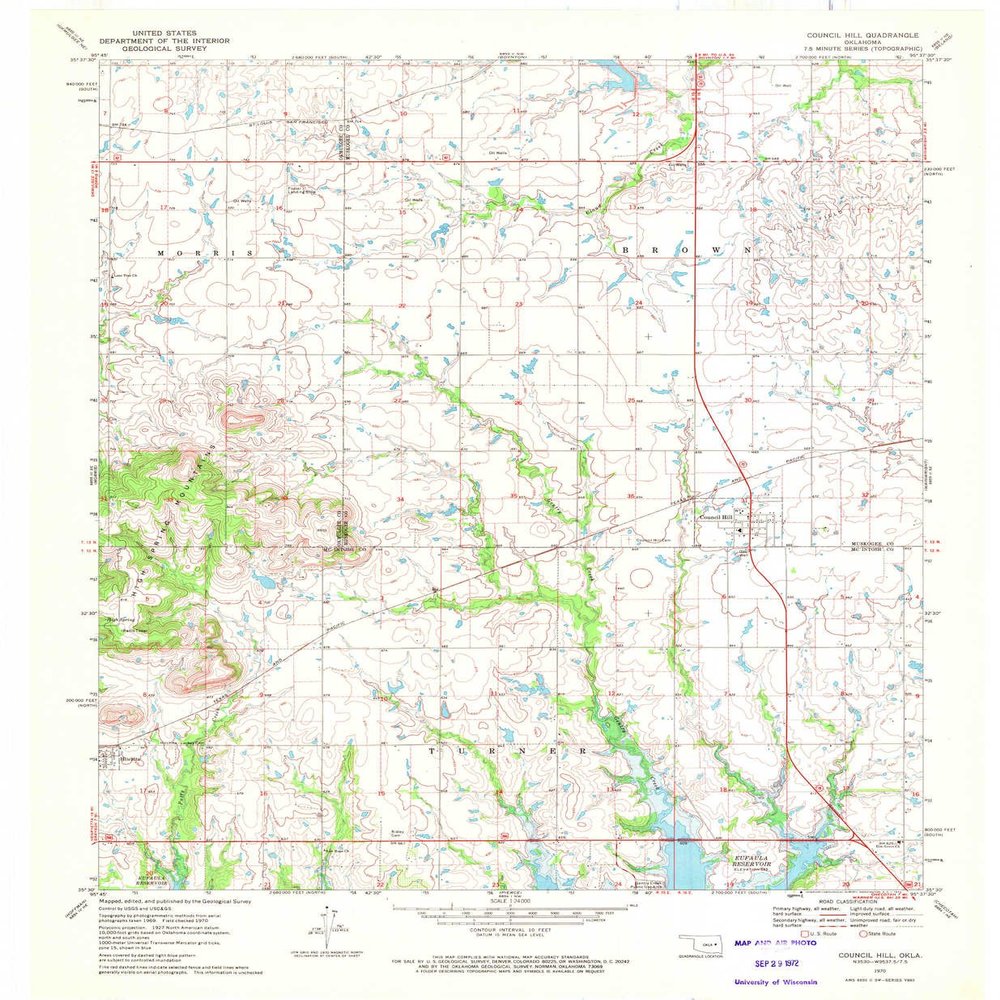 YellowMaps Council Hill OK topo map, 1:24000 Scale, 7.5 X 7.5 Minute, Historical, 1970, Updated 1972, 27.4 x 22.6 in - Tyvek