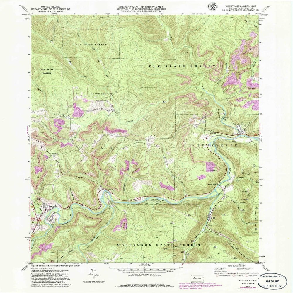 YellowMaps Weedville PA topo map, 1:24000 Scale, 7.5 X 7.5 Minute, Historical, 1970, Updated 1986, 26.9 x 22 in - Tyvek