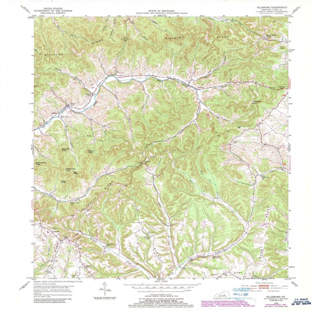 YellowMaps Ellisburg KY topo map, 1:24000 Scale, 7.5 X 7.5 Minute, Historical, 1952, Updated 1987, 27.4 x 22.5 in - Tyvek