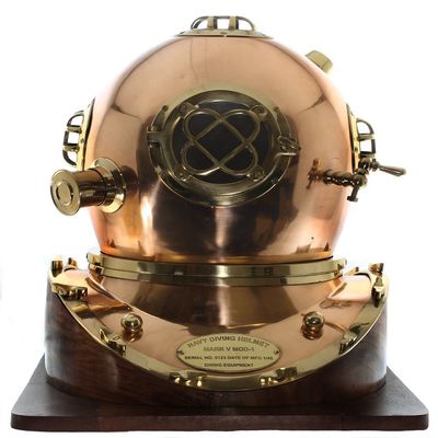 saif.nautical.store Full-Size Replica US Navy Mark V Brass Diving Helmet Wood Base