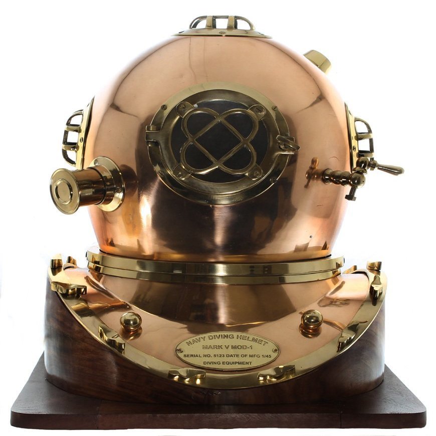 saif.nautical.store Full-Size Replica US Navy Mark V Brass Diving Helmet Wood Base