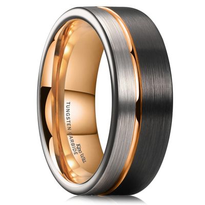 King Will Tungsten Carbide Wedding Band 8mm Rose Gold Line Ring Black and Silver Brushed Comfort Fit5.5