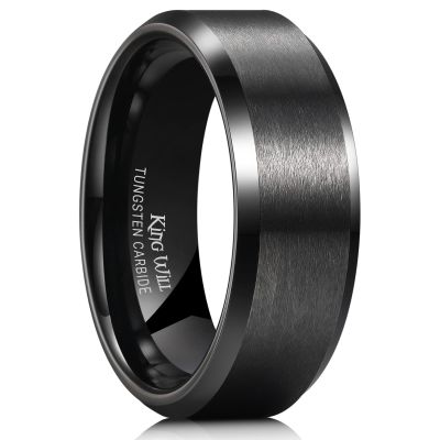 King Will 8mm Men's Black Wedding Ring - Brushed Matte Surface, Beveled Polished Edge, Comfort Fit Size 15.5