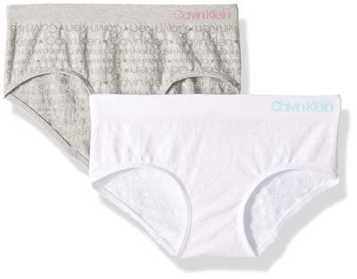 Calvin Klein Kids Girls' Seamless Hipster Underwear 2-pack, Classic White/Heather Grey, X-Large