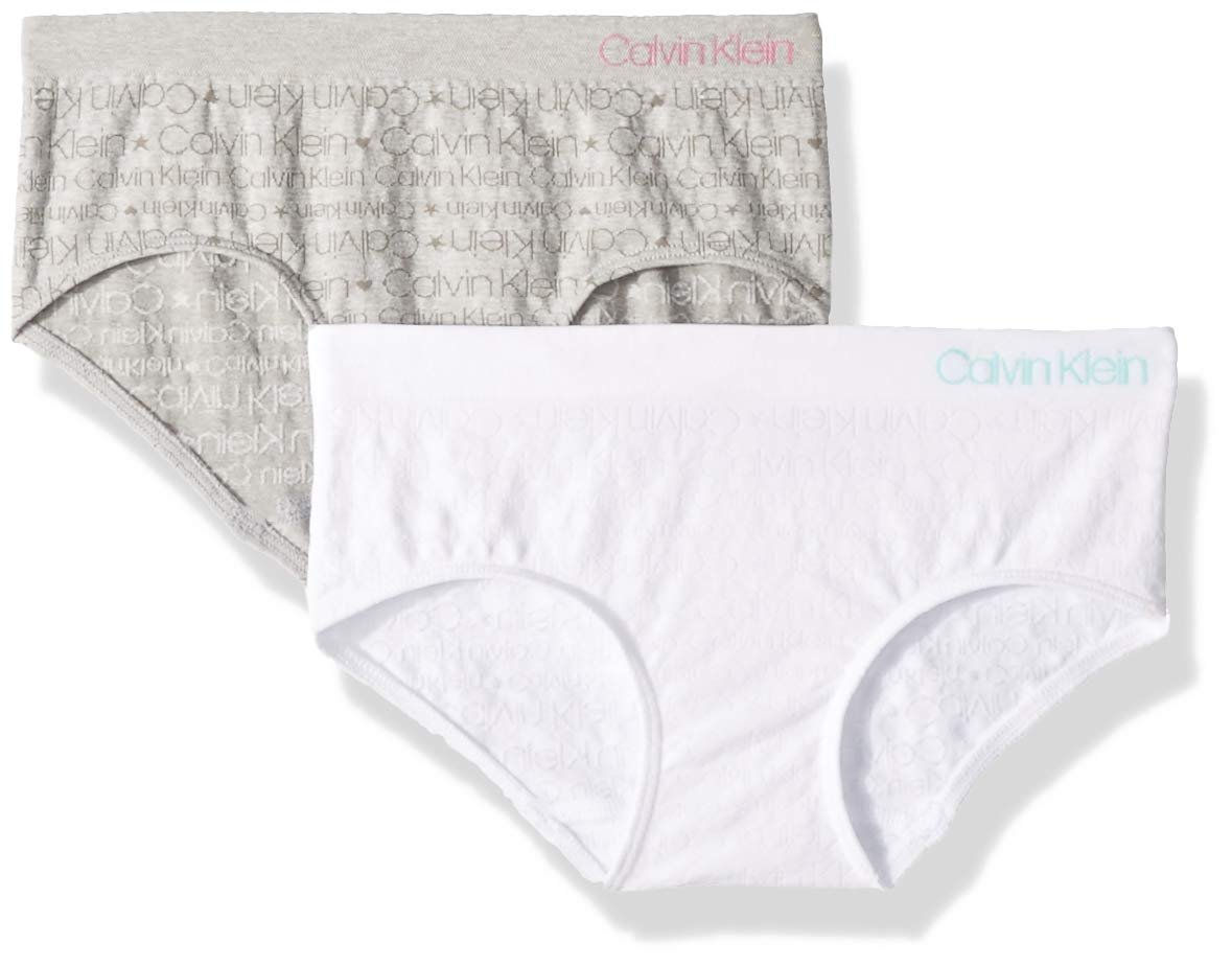 Calvin Klein Kids Girls' Seamless Hipster Underwear 2-pack, Classic White/Heather Grey, X-Large