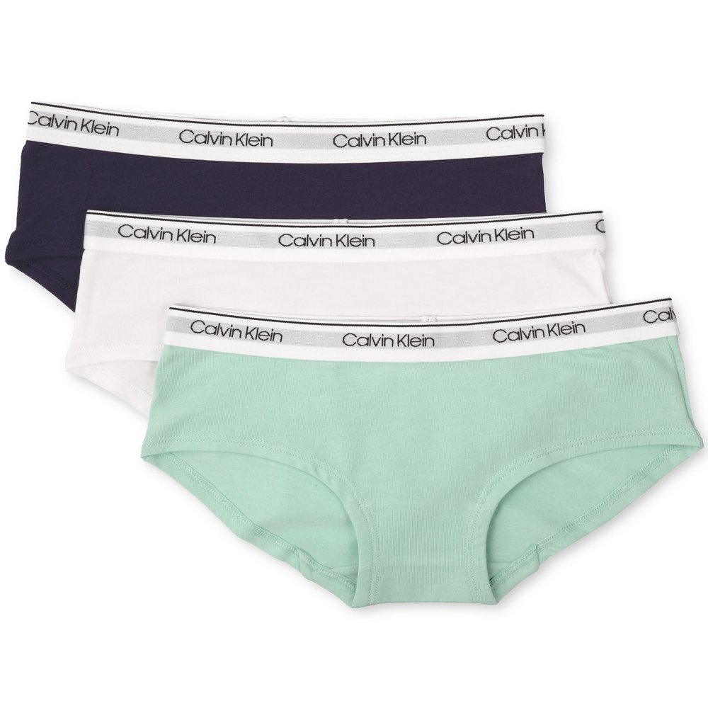 Calvin Klein Kids Girls' Modern Cotton Hipster Underwear 3-Pack, Teal/Classic White/Symphony Blue, Large