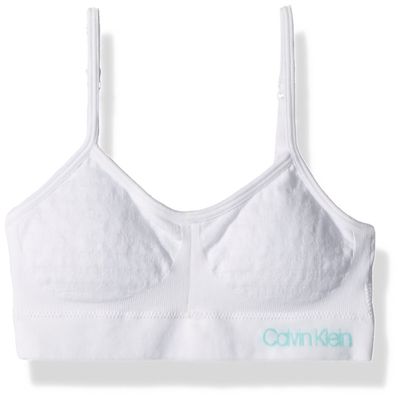 Calvin Klein Kids Girls' Seamless Wirefree Comfort Bralette Bra, White With Blue Logo, X-Large
