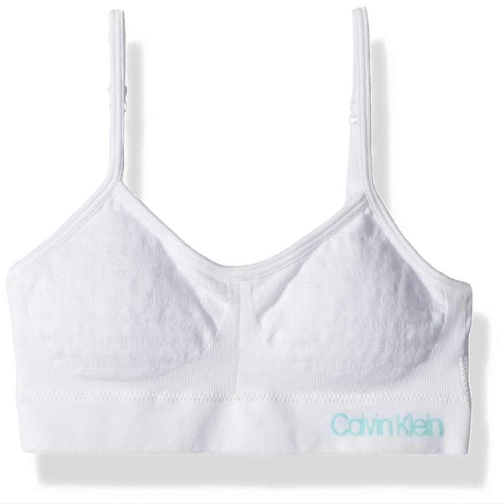 Calvin Klein Kids Girls' Seamless Wirefree Comfort Bralette Bra, White With Blue Logo, X-Large
