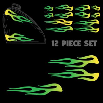 12 Piece Flame Set for Harley Sportster Tank and fenders - UV Protected - Colors: Yellow, Green (Lemon Clean Green)