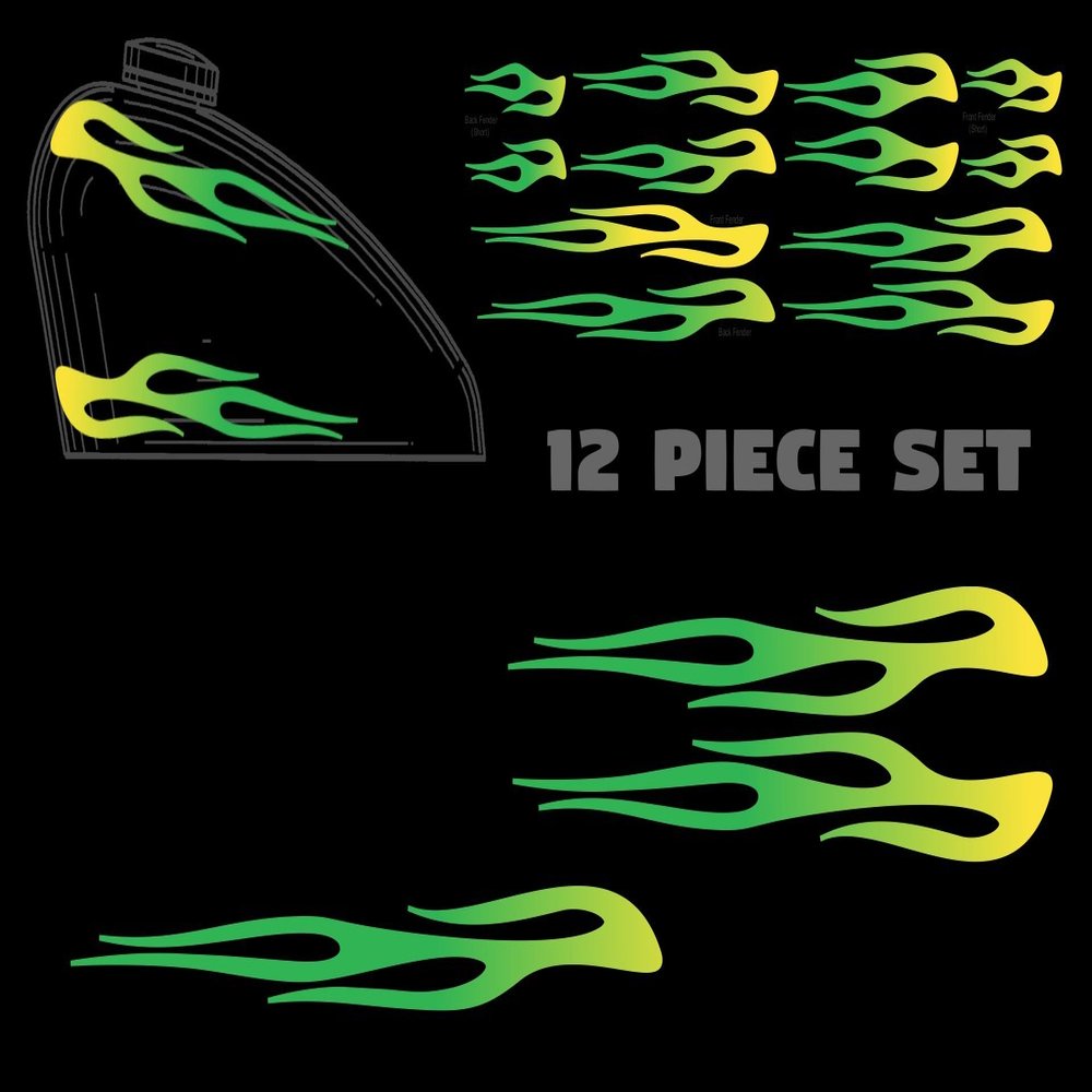 12 Piece Flame Set for Harley Sportster Tank and fenders - UV Protected - Colors: Yellow, Green (Lemon Clean Green)