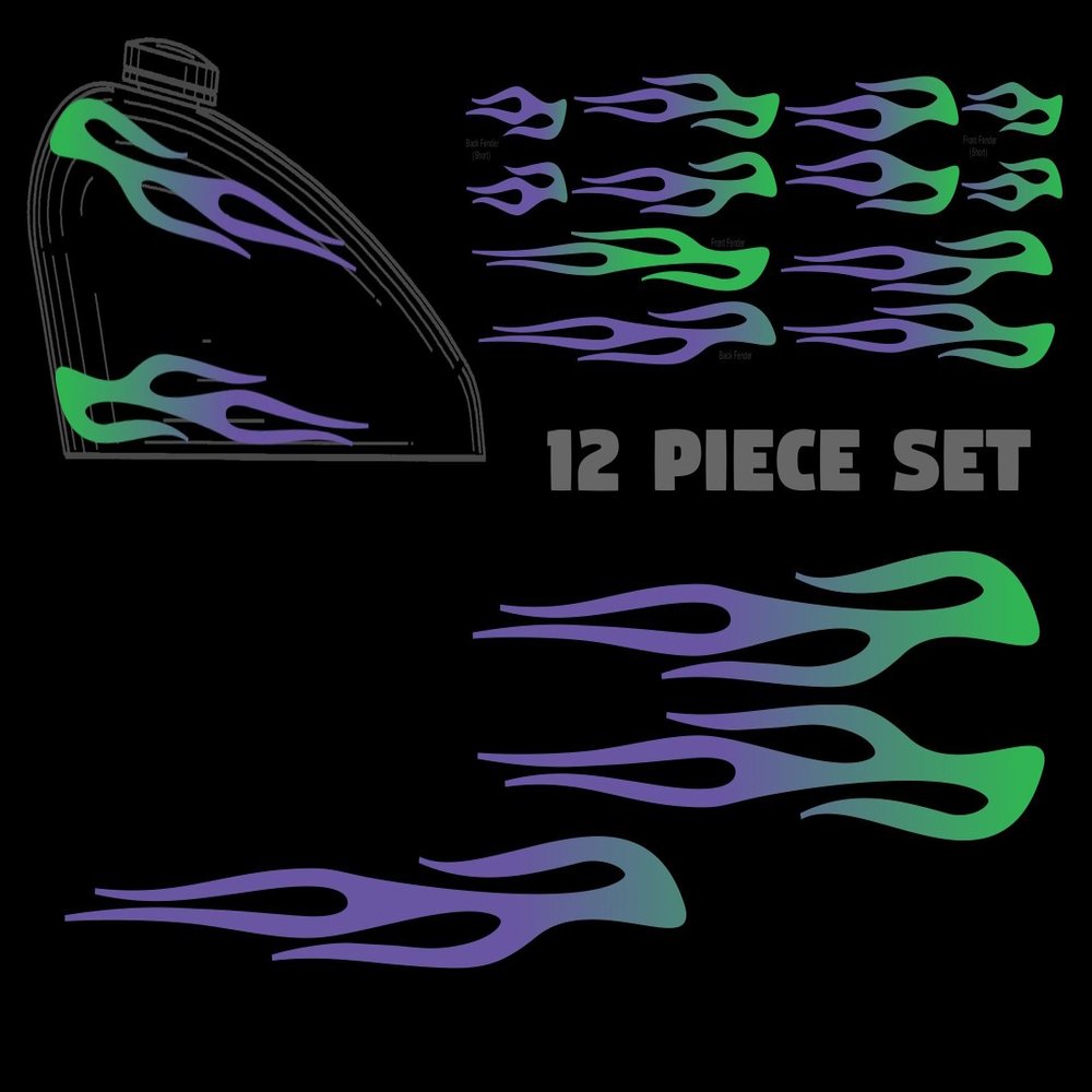 12 Piece Flame Set for Harley Sportster Tank and fenders - UV Protected - Colors: Green, Purple (Clean Green Grape)