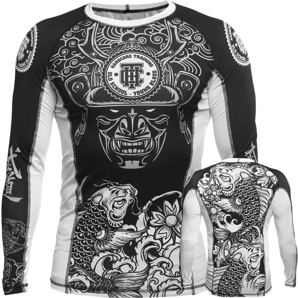 Hardcore Training Koi White Men's Rash Guard Compression Long Sleeve MMA No-Gi Tight BJJ Grappling Base Layer