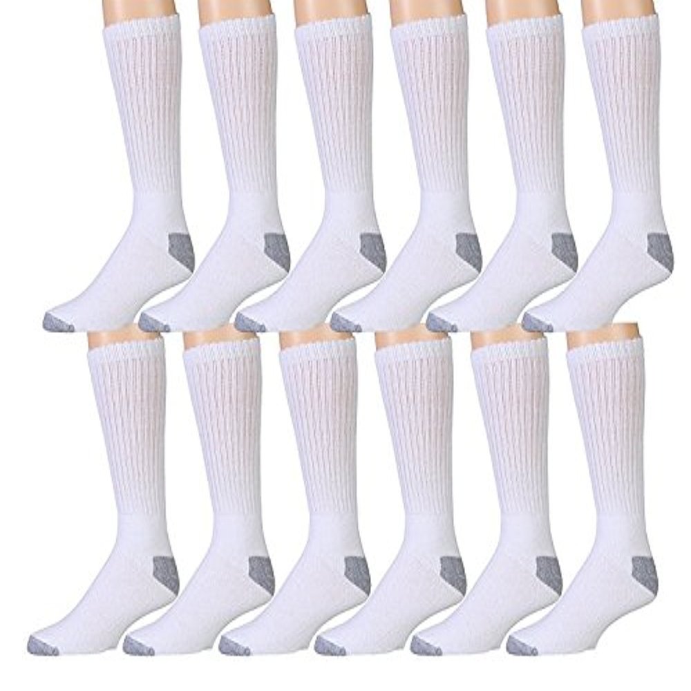 12 Pairs Value Pack of Wholesale Sock Deals Mens Ringspun Cotton Crew Socks, White/Gray, 10-13
