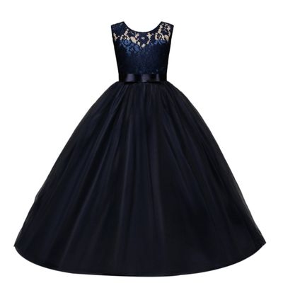 Flower Girls Sleeveless Long Pageant Dresses Maxi Lace Gown for Kids Formal Wedding Bridesmaid Princess Dress Big Girls Summer First Communion Party Prom Puffy Tulle Skirt Navy Blue Size 11-12 Years