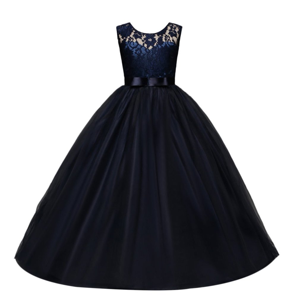 Flower Girls Sleeveless Long Pageant Dresses Maxi Lace Gown for Kids Formal Wedding Bridesmaid Princess Dress Big Girls Summer First Communion Party Prom Puffy Tulle Skirt Navy Blue Size 11-12 Years