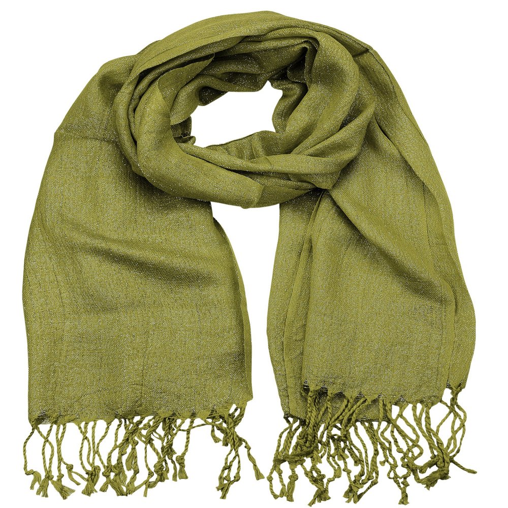 NYFASHION101 Women's Sheer Metallic Braided Tassel Ends Scarf Shawl Wrap, Olive