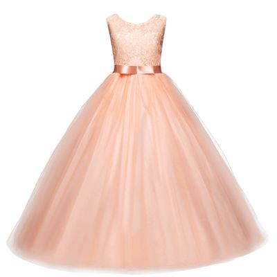 Flower Girls Sleeveless Long Pageant Dresses Maxi Lace Gown for Kids Formal Wedding Bridesmaid Princess Dress Big Girls Summer First Communion Party Prom Puffy Tulle Skirt Pink Size 4 Years