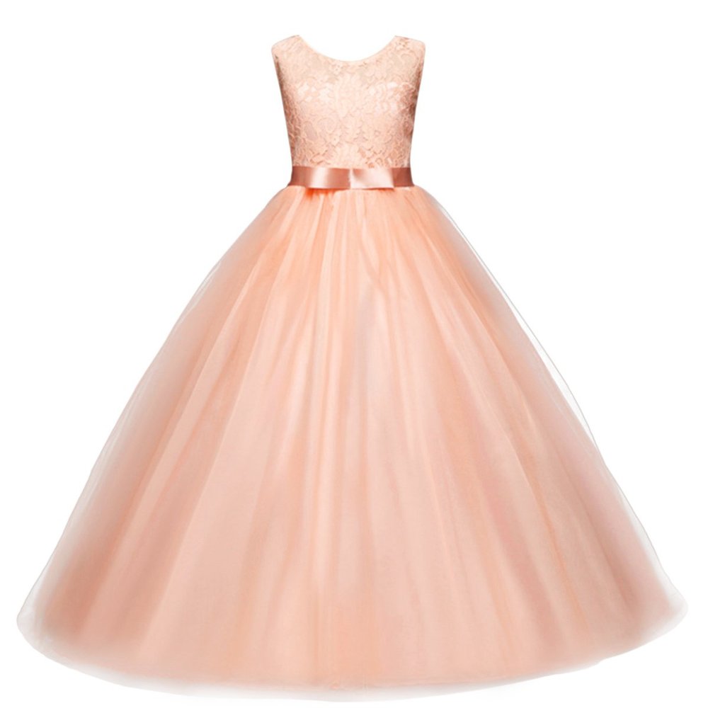 Flower Girls Sleeveless Long Pageant Dresses Maxi Lace Gown for Kids Formal Wedding Bridesmaid Princess Dress Big Girls Summer First Communion Party Prom Puffy Tulle Skirt Pink Size 4 Years