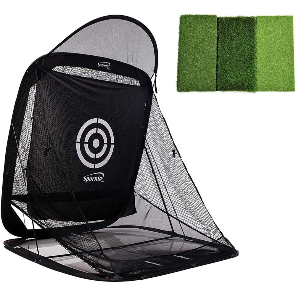 Spornia SPG-7 Standard Golf Practice Net Bundle  7'x7' Portable Hitting Net with Tri-Turf Mat & Side Net Extension for Indoor/Outdoor Training