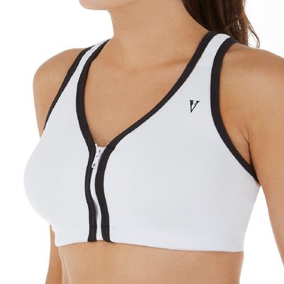 Valmont Women's Color Block Zip Front Sports Bra, 1611B, White/Black, 36 D/E
